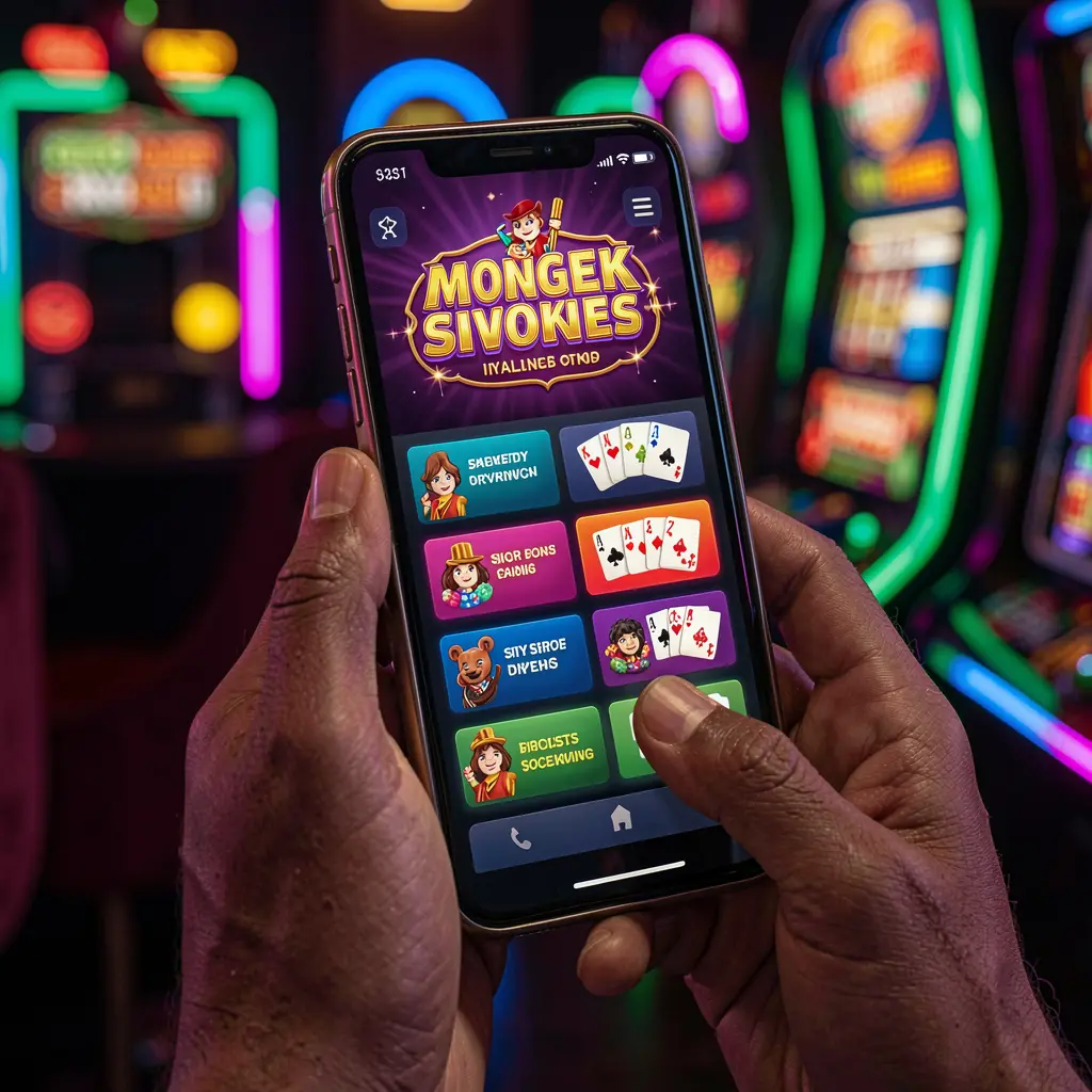 User interacting with the BEAR JL casino app on a smartphone showing vibrant slot games and neon casino visuals in a cinematic mobile gaming scene