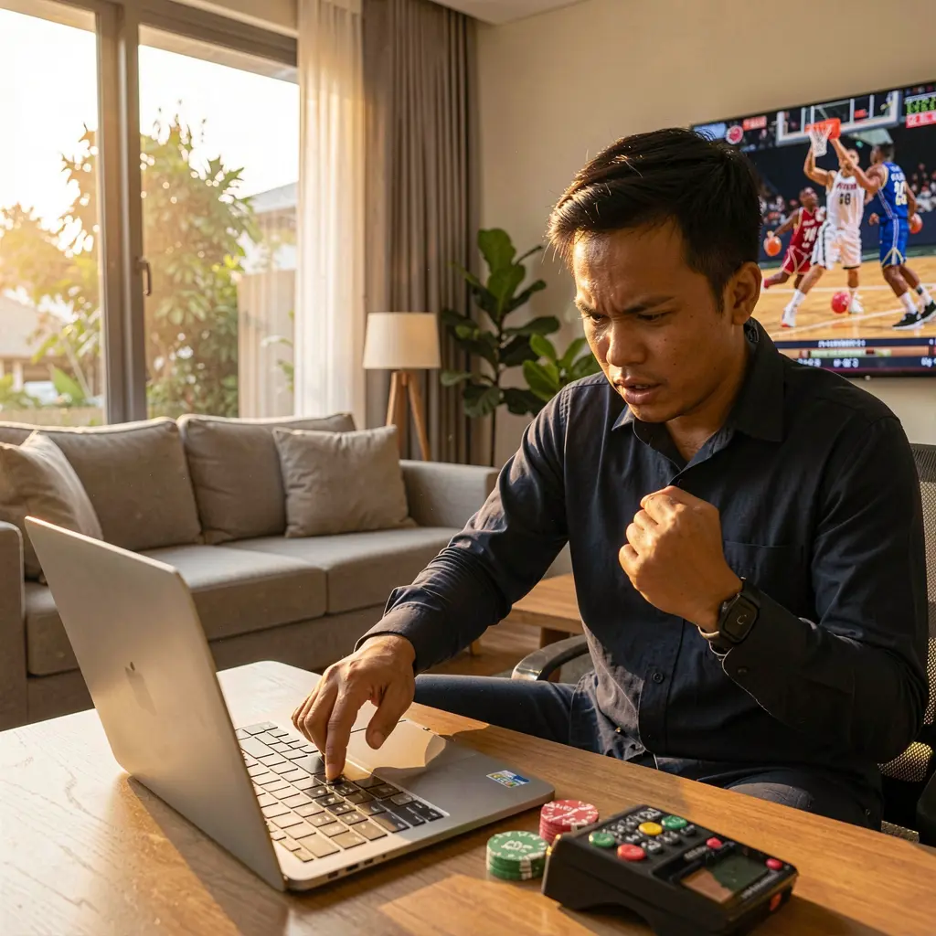 BEAR JL Bet – Experience the thrill of live sports betting wins in the Philippines Focused Filipino sports bettor celebrating a winning moment while placing live basketball bets on a laptop with BEAR JL at home