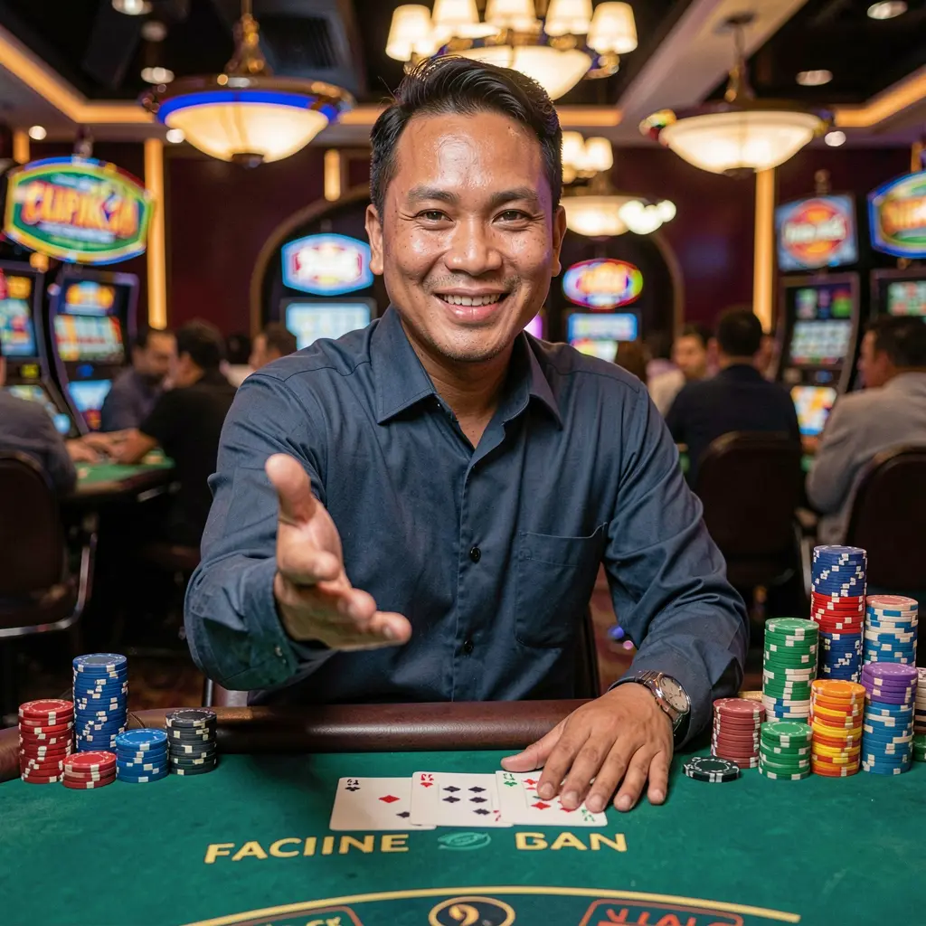 Friendly Filipino casino host extending his hand with glowing chips floating around, inviting players to join BEAR JL online casino in the Philippines