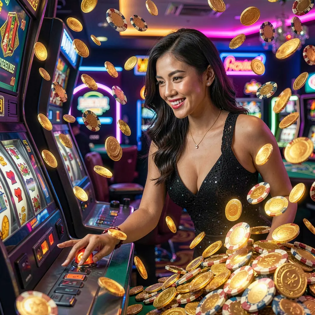 BEAR JL – Experience thrilling slot action made for players in the Philippines A stylish Filipino woman enjoying modern slot machines with bright lights and flying coins at BEAR JL casino in the Philippines